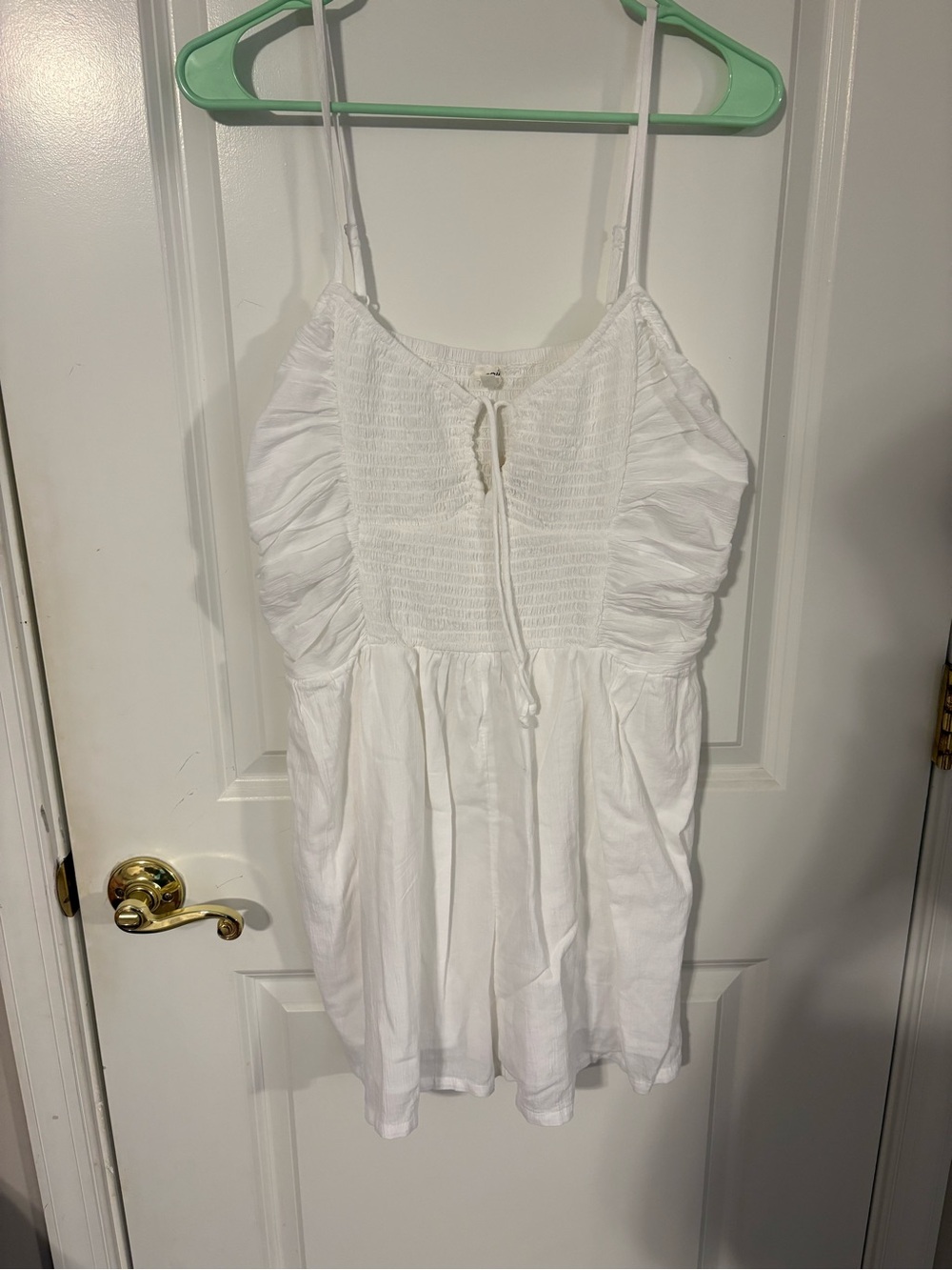 aerie White Smocked Romper with Spaghetti Straps